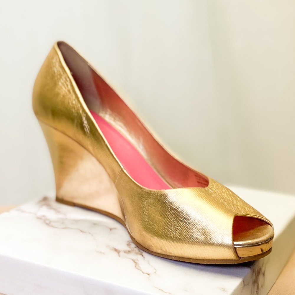 Lilly Pulitzer Sexy Gold Glam Heels Resort Chic Wedge Women's Statement Shoe 10